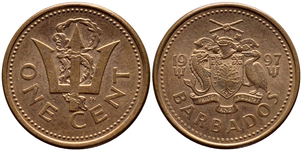 Барбадос 1 цент 1997 сломанный трезубец Британии KM 10а цинк плакированный медью 4398-613