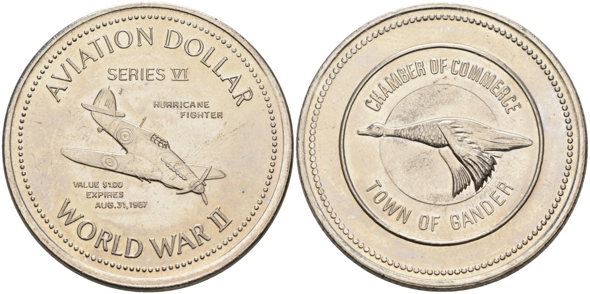 Канада, Гандер жетон 1987 1 авиационный доллар, Hurricane fighter никель 4590-824