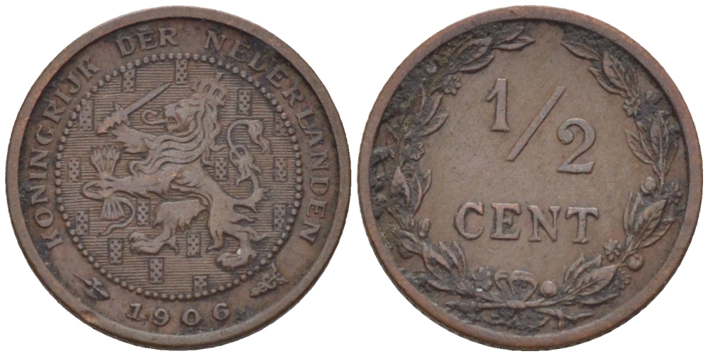 НИДЕРЛАНДЫ 1/2 ЦЕНТА 1906 ВИЛЬГЕЛЬМИНА (1890-1948) KM 133 бронза 39-153