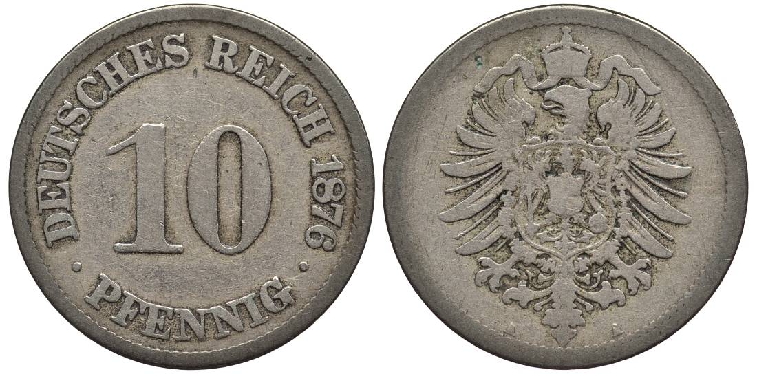 ГЕРМАНИЯ 10 ПФЕННИГОВ 1876 A, СТАРОГЕРБОВКА KM 4, Jager 4, Weege 7 медно-никель 4546-1131