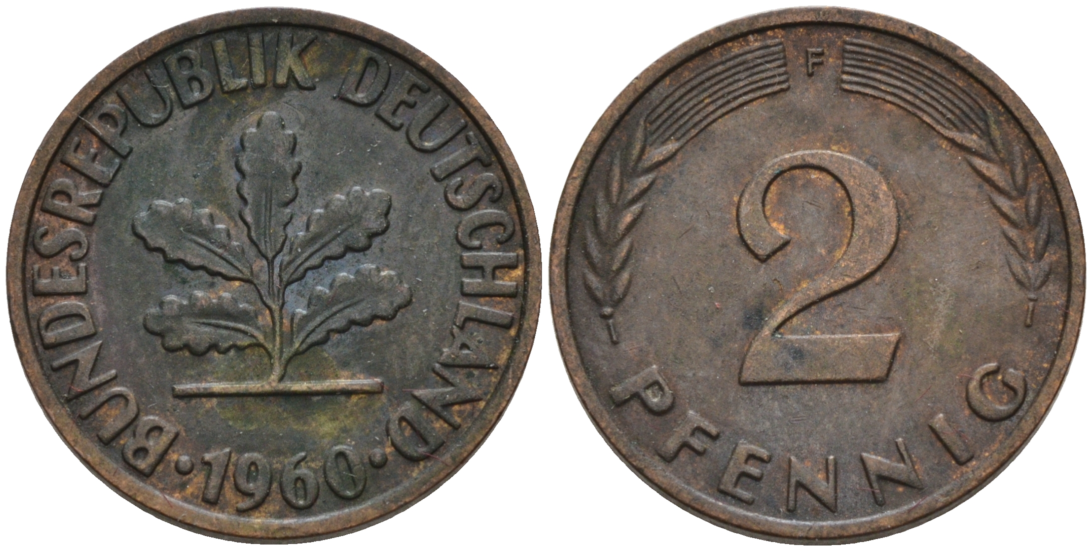 ФРГ 2 ПФЕННИГА 1960 F KM 106, J. 381 бронза 75-436