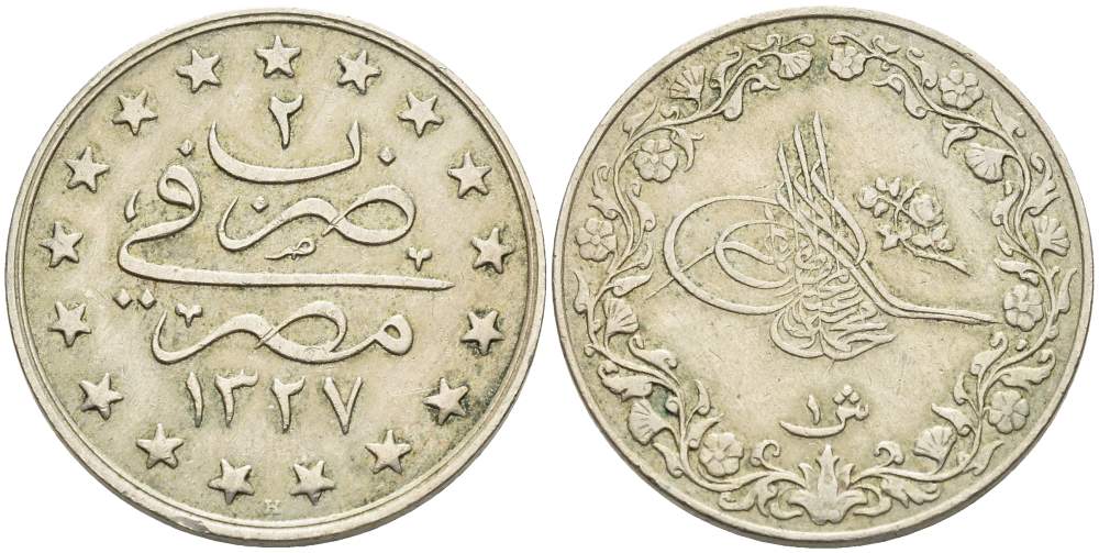 ЕГИПЕТ 1 ГИРШ 1910 H, АН1327, ГОД 2, MUHAMMAD V (1909-1914) KM 306 медно-никель 4513-317