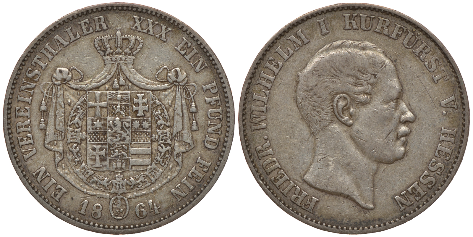 Гессен-Кассель 1 талер 1864 Фридрих Вильгельм (1847-1866) КМ 621.2, AKS 62, Jaeger 48a серебро 00-807-37