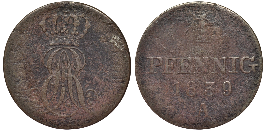 Ганновер 1 пфенниг 1839 A, Эрнст Август (1837-1851) KM 173.1, AKS 126, J. 54 медь 75-846