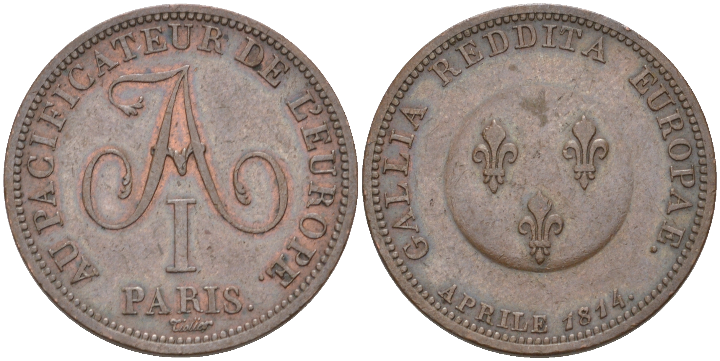 Россия жетон 1814 царю миротворцу Европы, Александр I возвращает Францию Европе, гурт гладкий, диаметр 27 мм., медальер Пьер Жозеф Тиолье, редкий Дьяков 379.4 R2, Биткин 16 R, CPM # 310 бронза 00-801-59