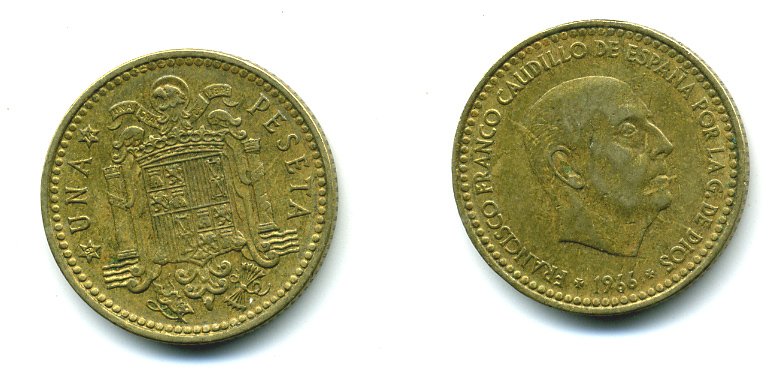 Испания 1 песета 1966 (74) Франсиско Франко (1939-1975) KM 796 алюминиевая бронза 54-252