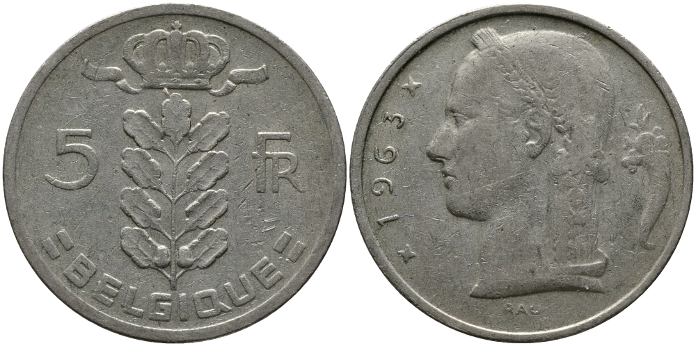 БЕЛЬГИЯ 5 ФРАНКОВ 1963 BELGIQUE KM 134.1 медно-никель 98-632