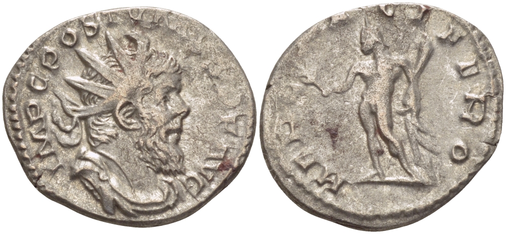 Римская Империя (императоры в Галлии) антониниан 260 - 269 Постум. IMP C POSTVMVS P F AVG / HERC PACIFERO, Геркулес с палицей, оливковой ветвью и львиной шкурой, Августа Треверов, Very fine RIC 67 биллон 1073-12-65