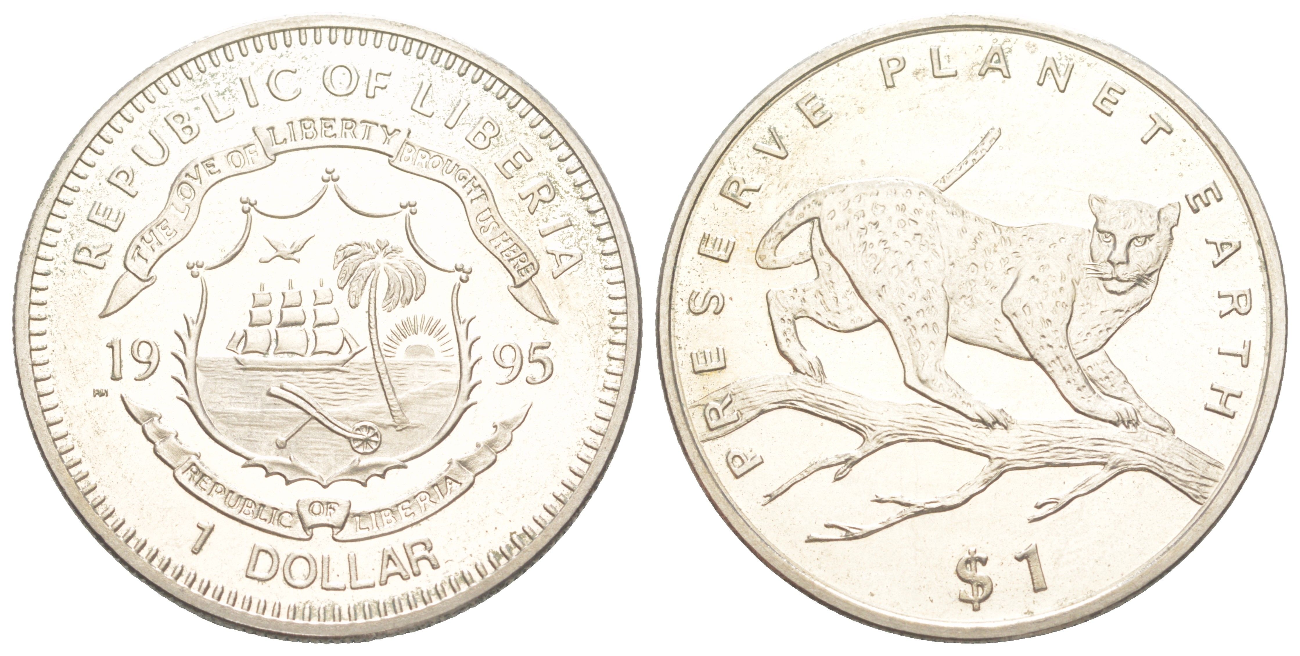 Либерия 1 доллар 1995 Сохраним планету Земля - Леопард KM 133 медно-никель BU 107-222