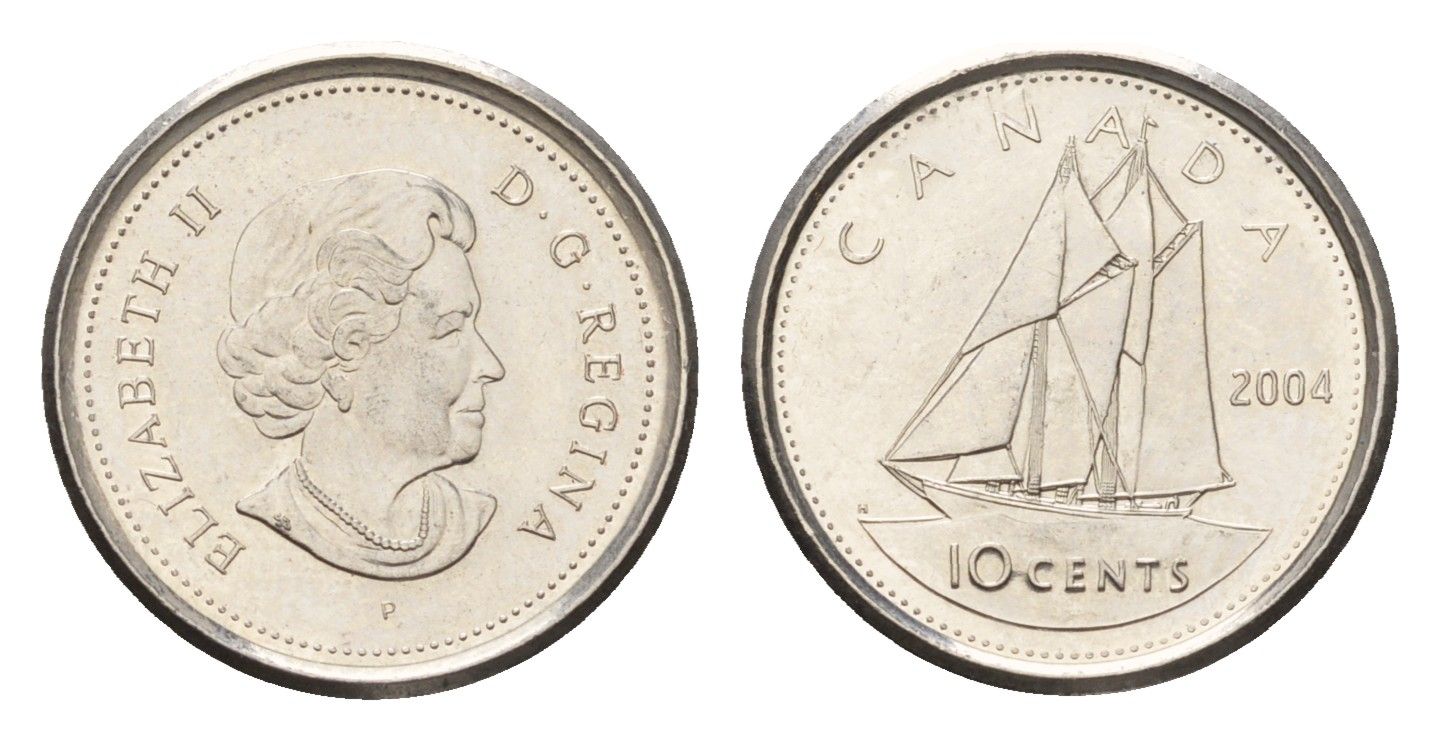 Канада 10 центов 2004 P, Елизавета II (1952-2022), парусник KM 492 сталь плакированная никелем UNC 4689-622