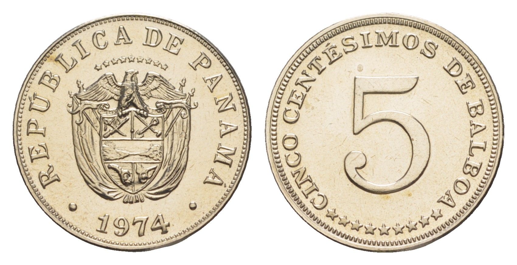 Панама 5 сентесимо 1974 тираж 19.000 экземпляров KM 23.2 медно-никель PROOF 1524-1141