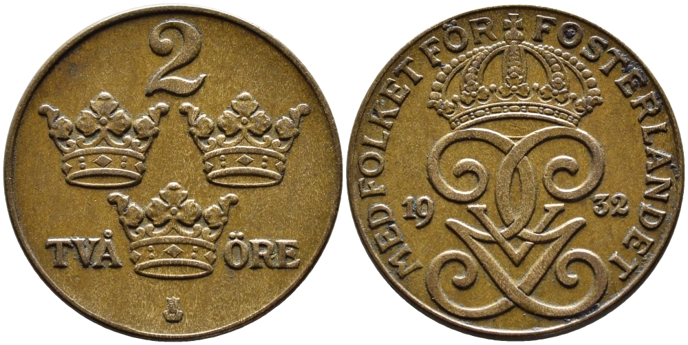 Швеция 2 эре 1932 Густав V (1907-1950) KM 778 бронза 4385-1014