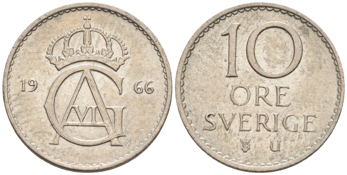Швеция 10 эре 1966 Густав VI Адольф (1950-1973) KM 835 медно-никель 4585-366