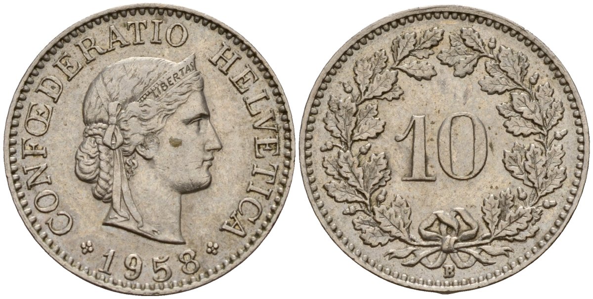 Швейцария 10 раппенов 1958 B KM 27 медно-никель     4152-1065
