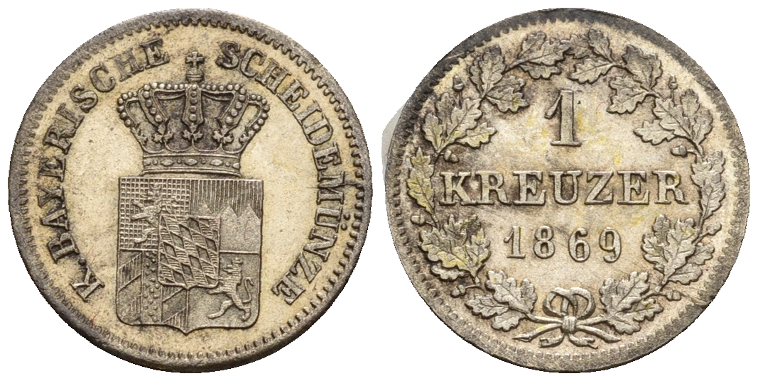 Бавария 1 крейцер 1869 Людвиг II (1864-1886) KM 873, AKS 183 серебро aUNC 413-5744