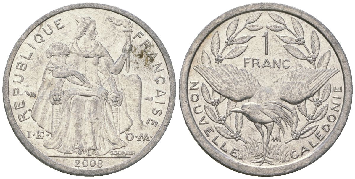 Французская Новая Каледония 1 франк 2008 птица кагу, (IEOM) KM 10, Schoen 10 алюминий 55-612
