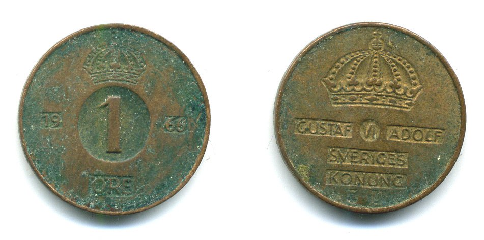 Швеция 1 эре 1966 U Густав VI Адольф (1950-1973) KM 820 бронза 23-956
