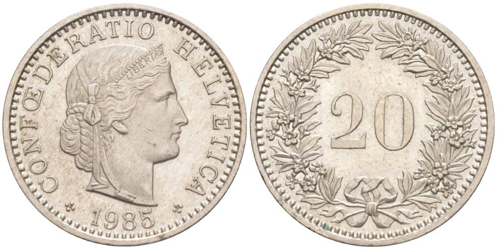 Швейцария 20 раппенов 1985 KM 29a медно-никель 55-1024