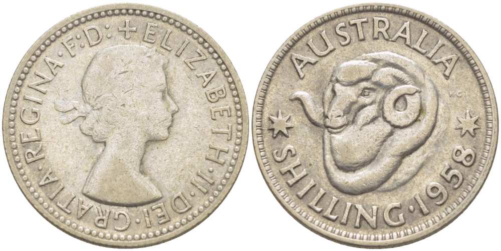 Австралия 1 шиллинг 1958 m, Елизавета II (1952-2022), овца меринос KM 59 серебро 4514-1037