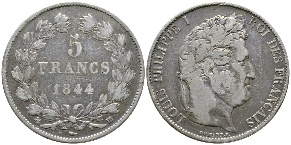 Франция 5 франков 1844 BB, Луи Филипп I (1830-1848) KM 749.3 серебро 1066-7-66