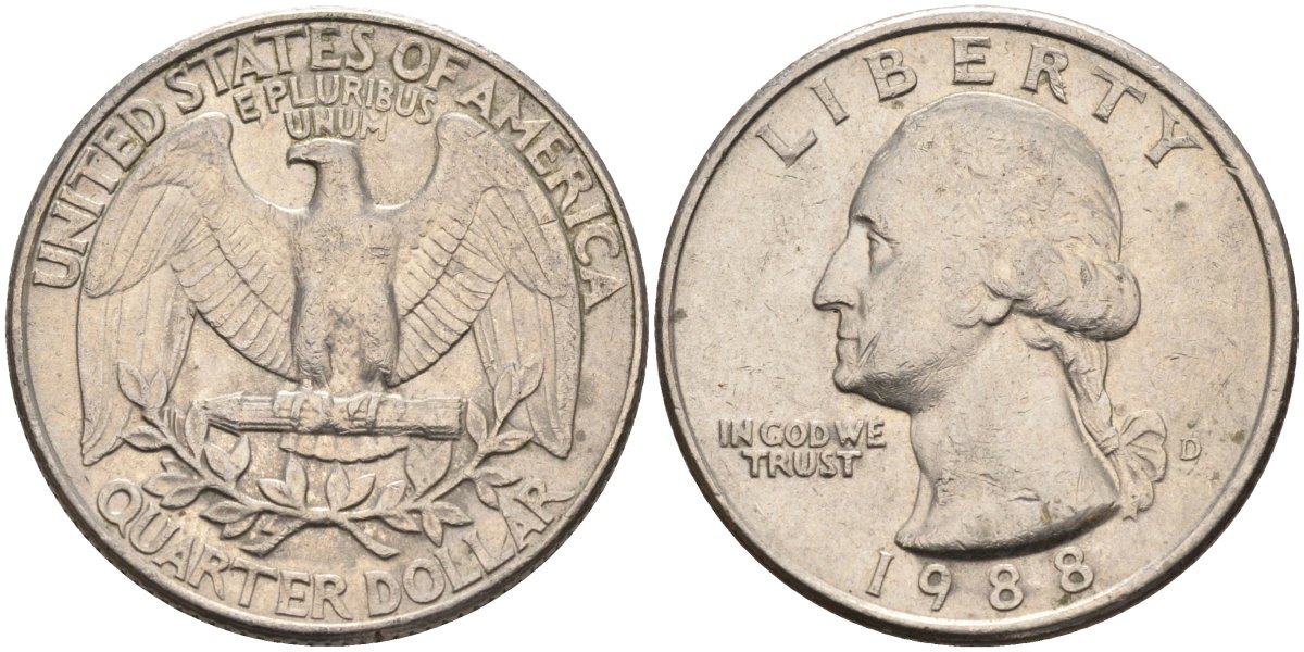 США 25 центов = квотер 1988 D, Вашингтон KM A164a медь плакированная медно-никелем 4592-224