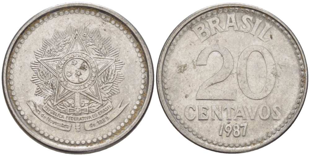 Бразилия 20 сентаво 1987 герб KM 603, Schon 112 нержавеющая сталь 26-1648