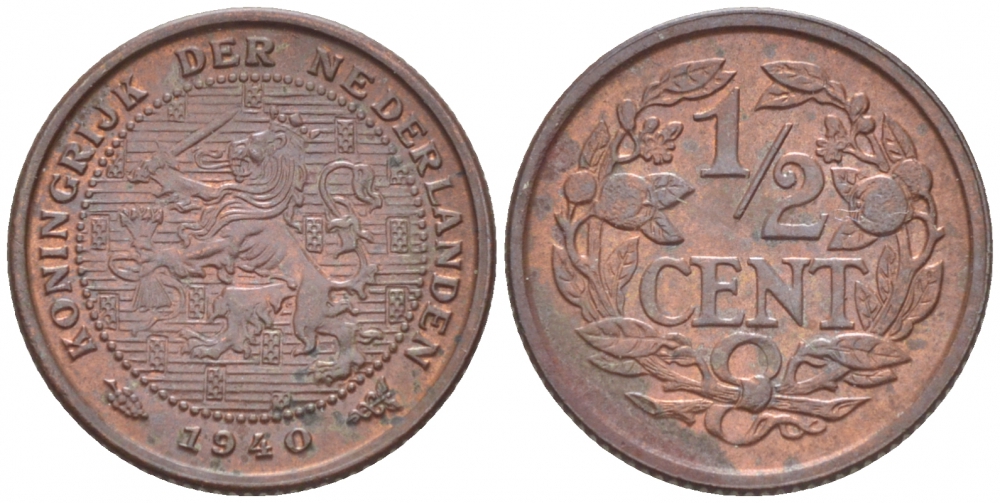 НИДЕРЛАНДЫ 1/2 ЦЕНТА 1940 ВИЛЬГЕЛЬМИНА (1890-1948) KM 138 бронза 214-738