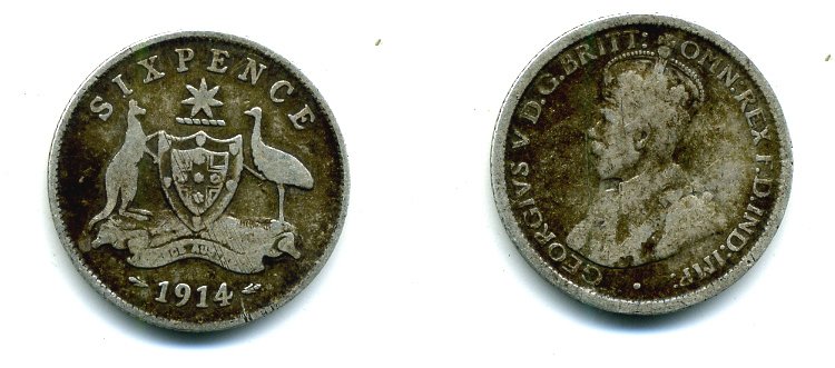 Австралия 6 пенсов 1914 L, Георг V (1910-1936), герб Австралии KM 25 серебро 46-351