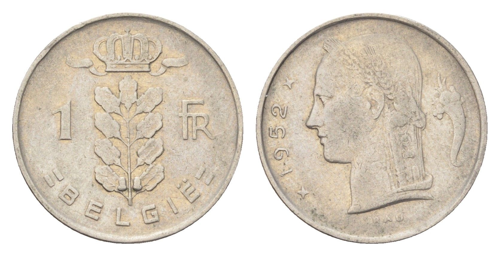 Бельгия 1 франк 1952 Belgie, Бодуэн I (1951-1993) KM 143.1 медно-никель 4702-1047