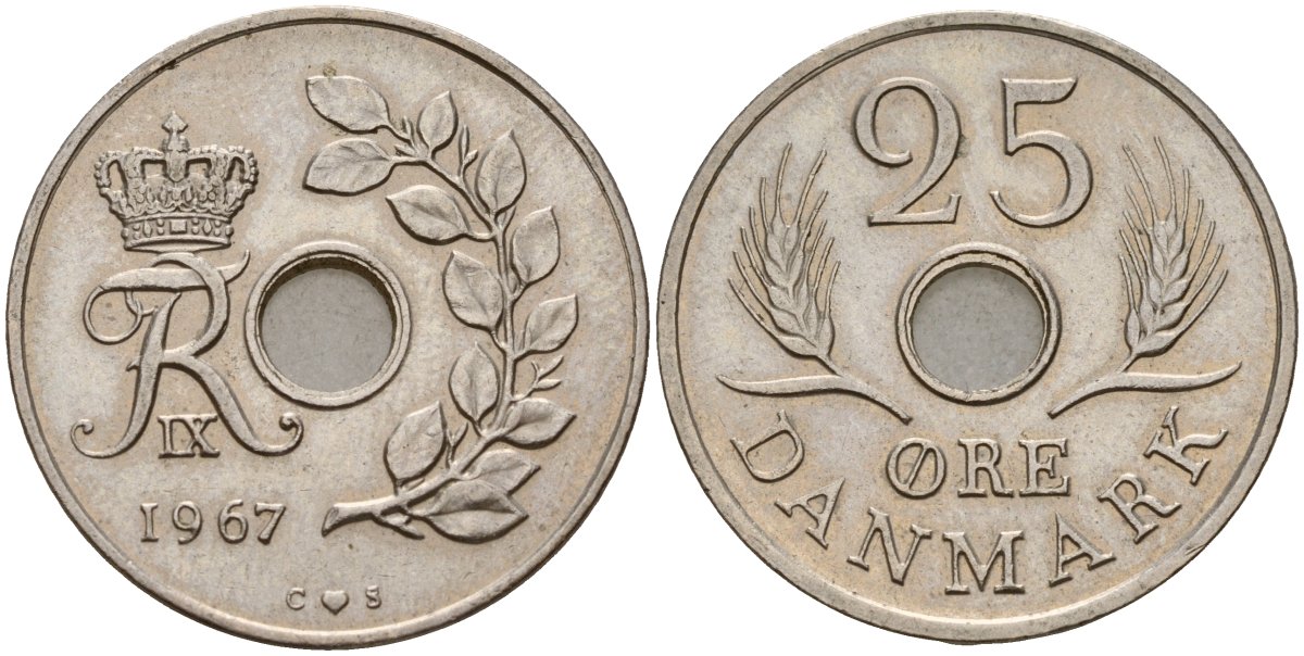 Дания 25 эре 1967 С; S, Фредерик IX (1947-1972) KM 855.1 медно-никель 4187-1153