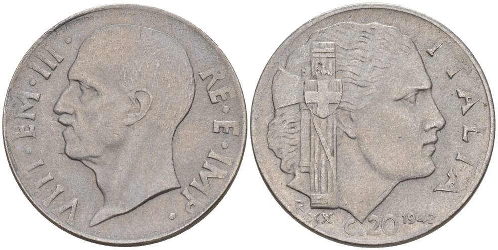 ИТАЛИЯ 20 ЧЕНТЕЗИМО 1942 R, ГОД XX, ВИКТОР ЭММАНУИЛ III (1900-1946), МАГНИТНАЯ, ГУРТ РИФЛЁНЫЙ KM 75b, VEM3. 1029 нержавеющая сталь 3853-435