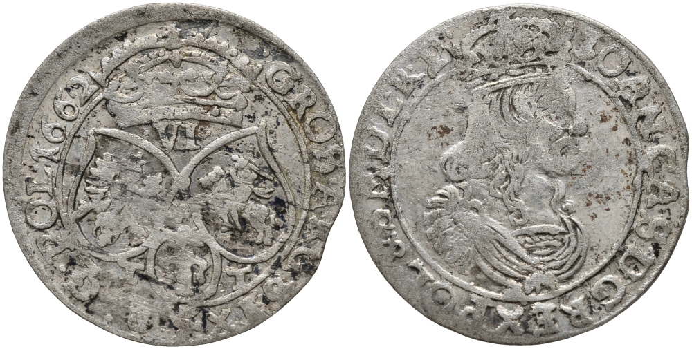 ПОЛЬША 6 ГРОШЕЙ 1662 ТТ, ЙОГАНН КАЗИМИР (1649-1668) KM 91 (33) серебро 441-1041