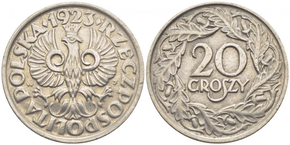 ПОЛЬША 20 ГРОШЕЙ 1923 KM 12 никель 4448-141