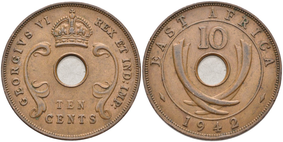 Британская Восточная Африка 10 центов 1942 Георг VI (1937-1952) KM 26 бронза 189-846