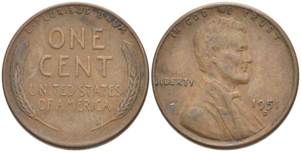 США 1 ЦЕНТ 1951 D, ЛИНКОЛЬН KM А132 медь цинк 218-958