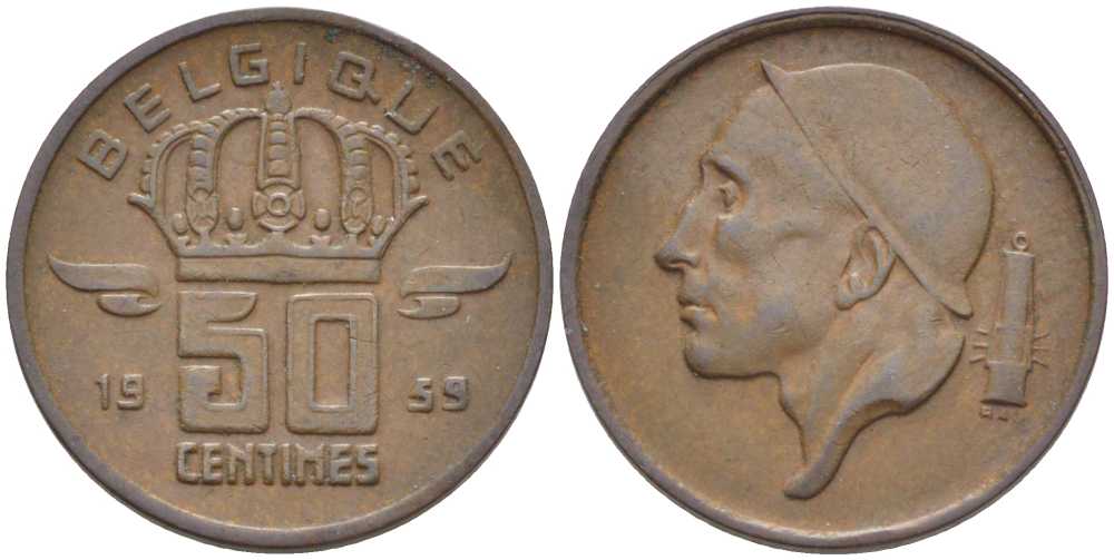 БЕЛЬГИЯ 50 САНТИМОВ 1959 BELGIQUE, БОДУЭН I (1951-1993) KM 148.1 бронза 116-1018