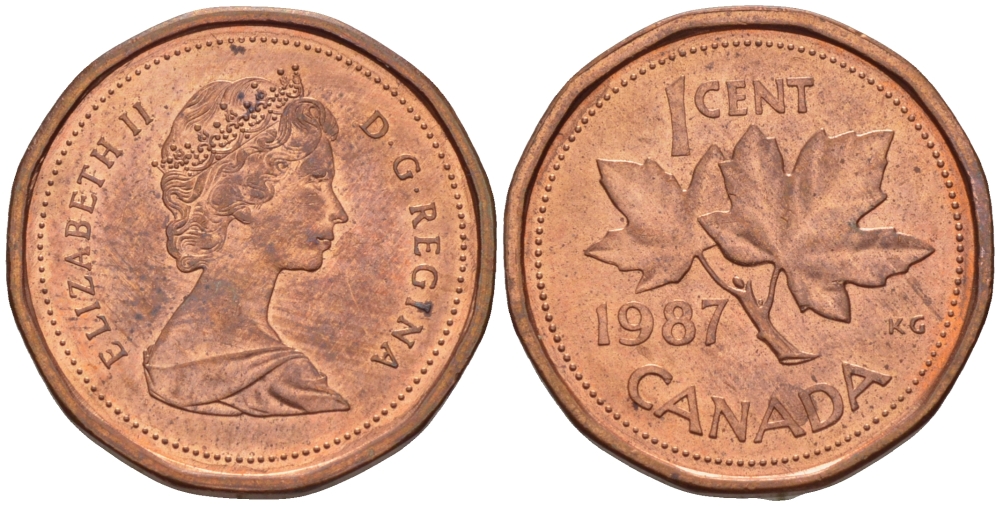 Канада 1 цент 1987 Елизавета II (1952-2022), кленовый лист KM 132 бронза 54-657