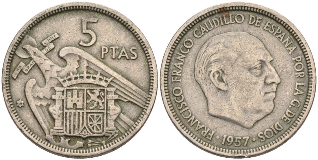 Испания 5 песет 1957 (58) Франсиско Франко (1939-1975) KM 786 медно-никель 4573-931