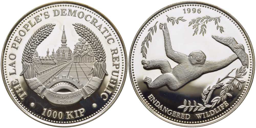 Лаос 1000 кипов 1996 серия защита природы, обезьяна гиббон KM 165 серебро PROOF 1078-7-53