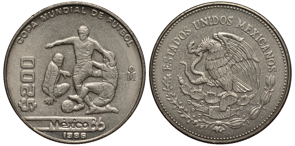Мексика 200 песо 1986 чемпионат мира по футболу в Мексике в 1986 году, матч KM 525 медно-никель 215-942