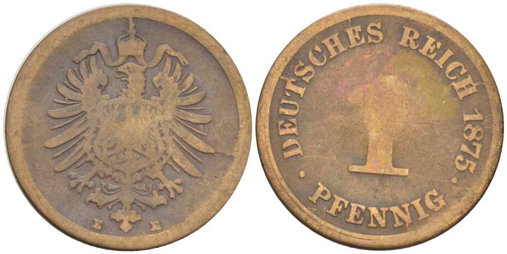 ГЕРМАНИЯ 1 ПФЕННИГ 1875 E, СТАРОГЕРБОВКА KM 1, J. 1, Weege 1 медь 206-1034