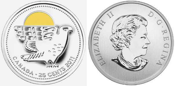Канада 25 центов 2011 Природа Канады - Сапсан, Цветное покрытие KM 1169a сталь плакированная никелем  UNC   M47-14