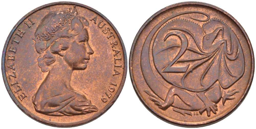Австралия 2 цента 1979 Елизавета II (1952-2022), плащеносная ящерица (FRILLED LIZARD)  KM 63 бронза 4385-914