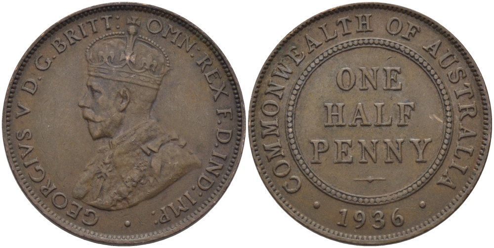 АВСТРАЛИЯ 1/2 ПЕННИ 1936 ГЕОРГ V KM 22 бронза 97-846