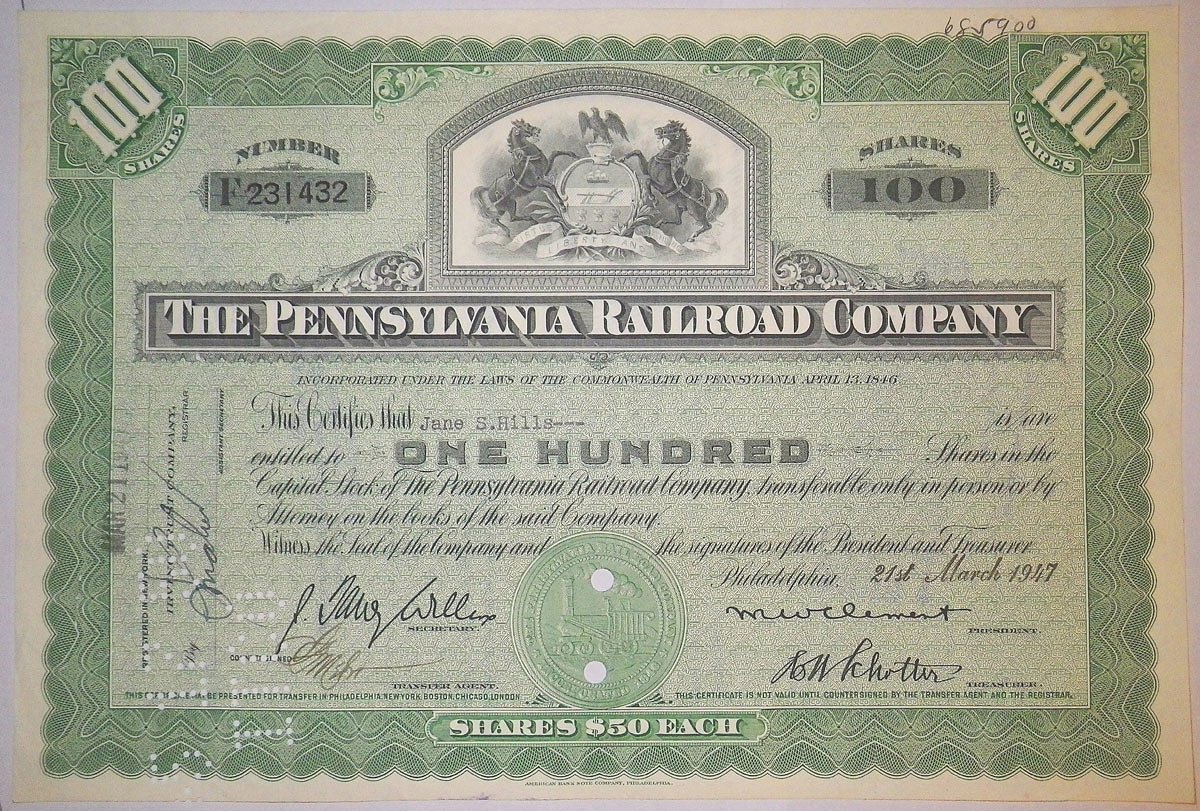 США, The Pennsylvania Railroad Company 100 акций 1947 бумага 00-00
