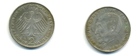 ФРГ 2 МАРКИ 1973 D, КОНРАД АДЕНАУЭР KM 124, J. 406 медно-никель плакированный никелем плакированный никелем 54-2353