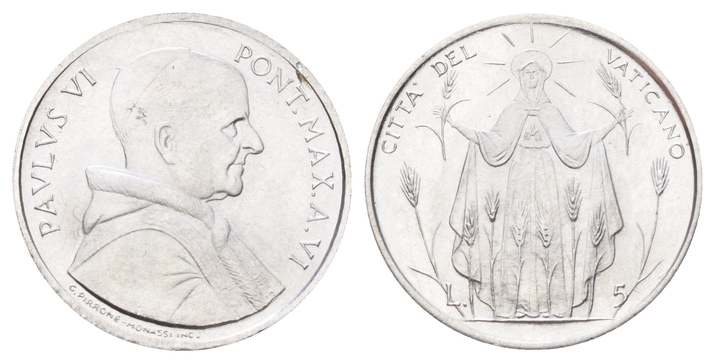 Ватикан 5 лир 1968 MCMLXVIII, год-тип KM 102 алюминий UNC 4701-469
