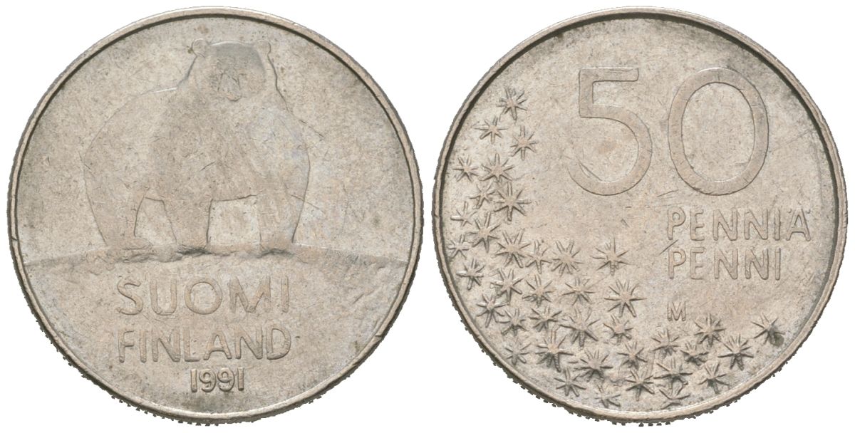 Финляндия 50 пенни 1991 M, полярный медведь KM 66 медно-никель 218-1127