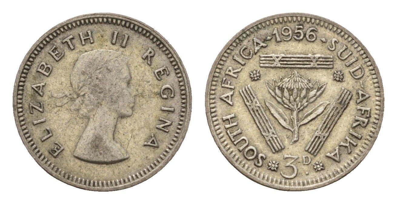 ЮАР 3 пенса 1956 Елизавета II (1952-2022) KM 47 серебро 4547-622