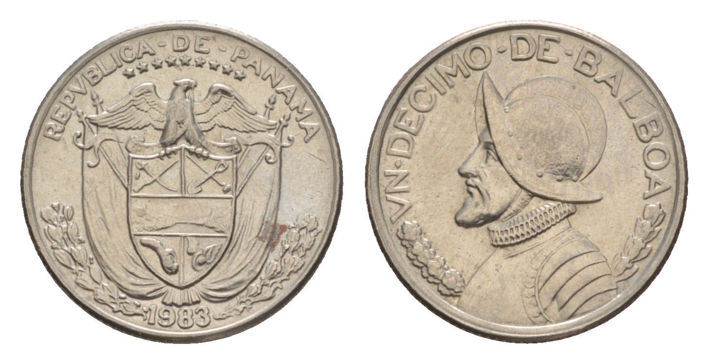 Панама 1/10 бальбоа (10 сентесимо) 1983 KM 10 медь плакированная медно-никелем aUNC 4644-163